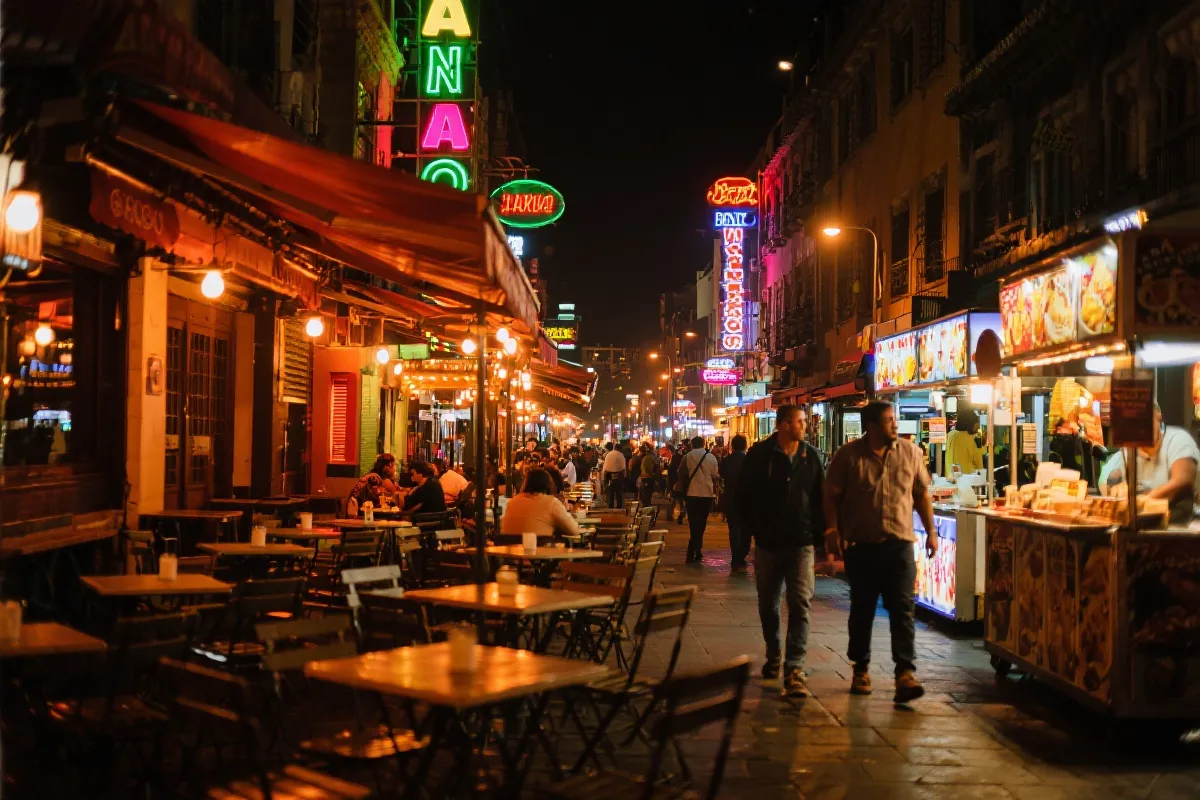 墨西哥城夜晚的街区餐酒街，暖色灯光，行人，露天座位与小吃摊，氛围感摄影