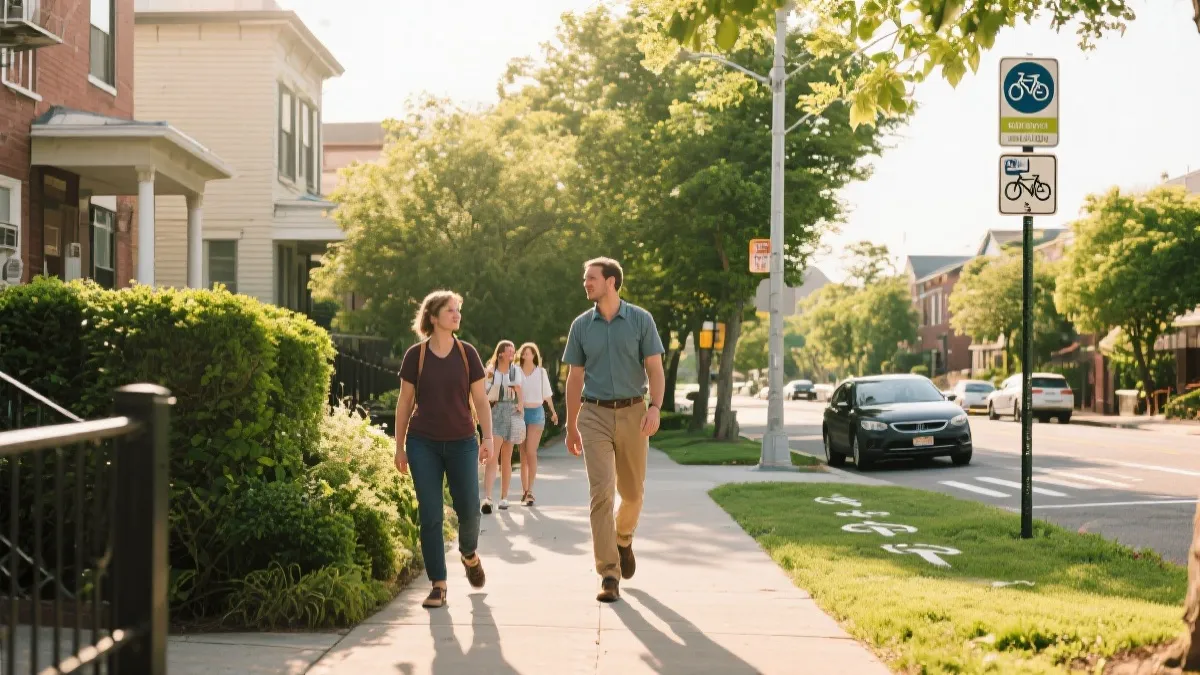 社区导览与绿色交通标识的街区场景，体现参与式旅游与低碳出行