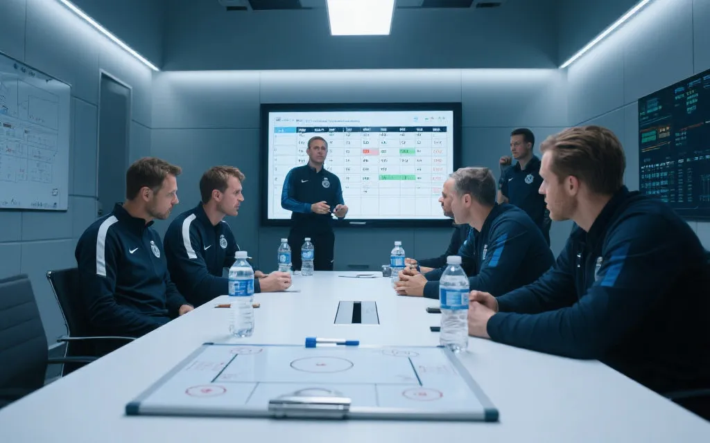 教练组在战术室用数据与行程表制定轮换与体能计划